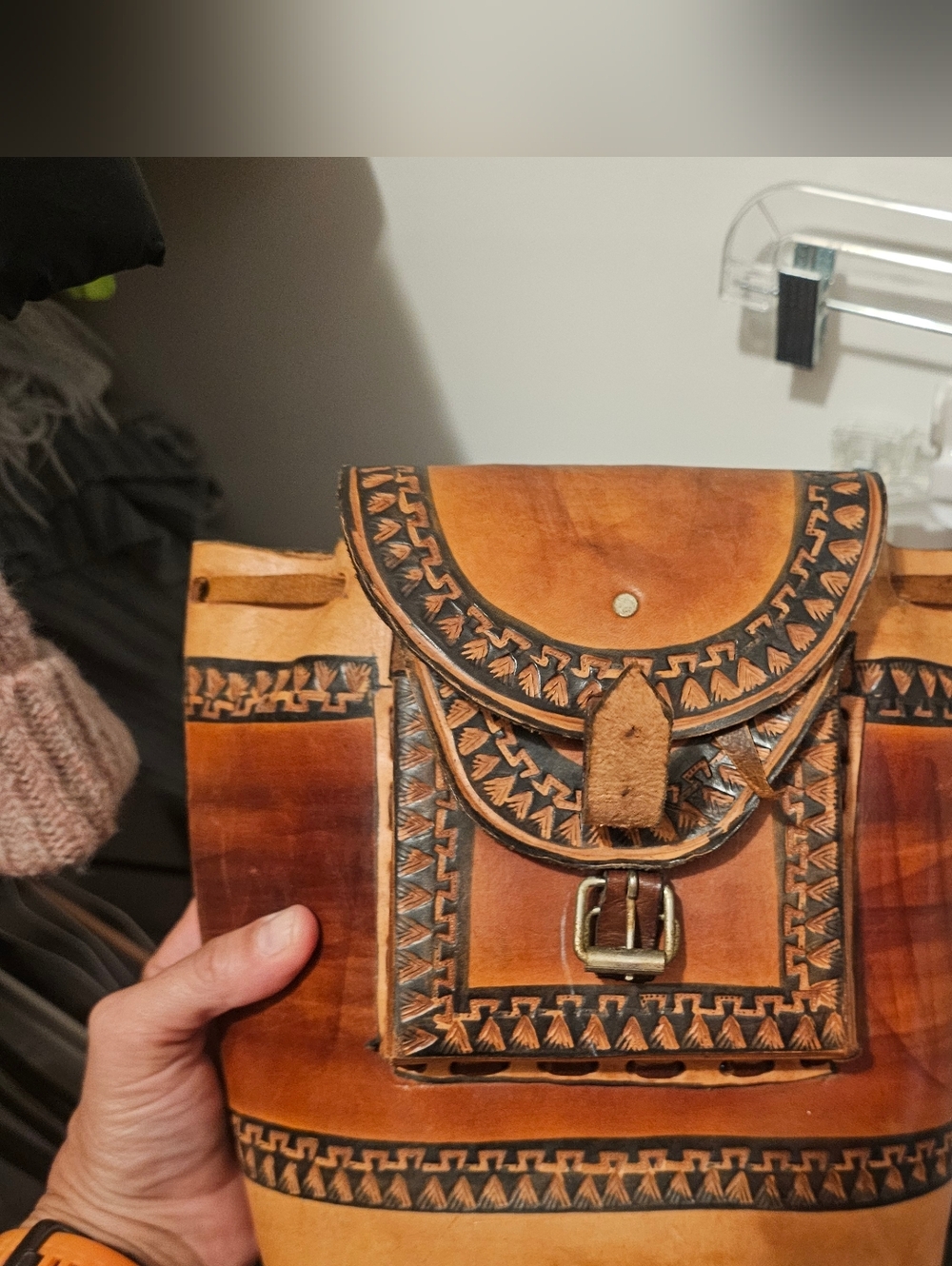 Hand-Tooled Leather Crossbody Bag in Warm Tan